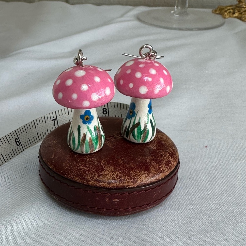 Pink and white cap mushroom earrings